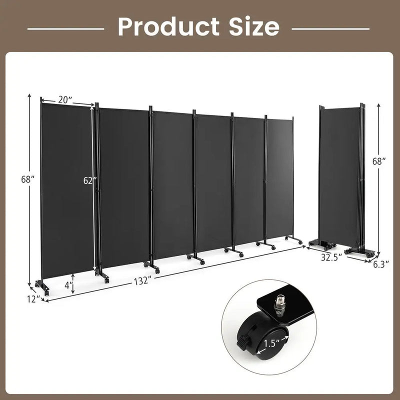 Paravent 6 Panneaux sur Roulettes Tissu Anthracite 335 x 173 cm