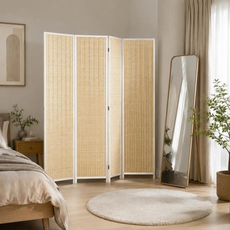 Paravent 4 Panneaux Bambou Fibres de Papier Cadre Blanc Naturel 180 x 180 cm