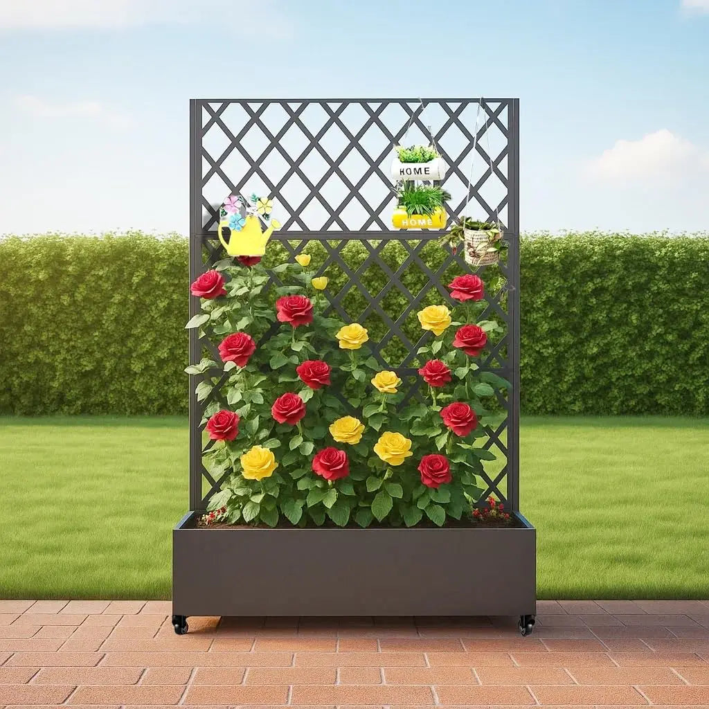 Paravent Extérieur Métal Jardinière Treillis Roulettes Noir Blanc 180 x 120 cm