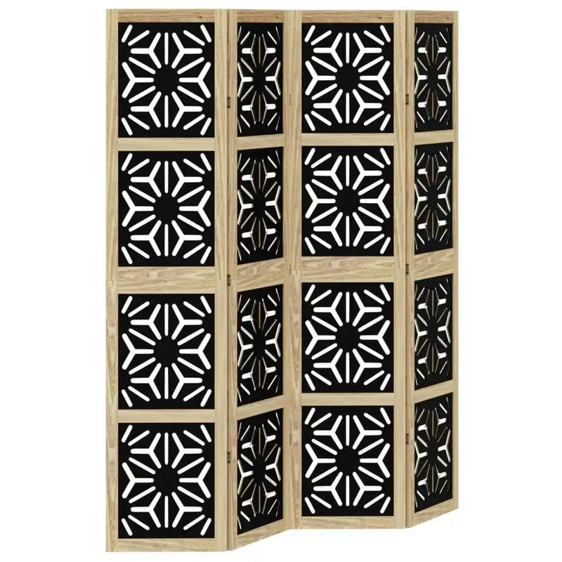 Paravent 4 Panneaux Bois de Paulownia Ajouré Noir Motif Géométrique 180 cm