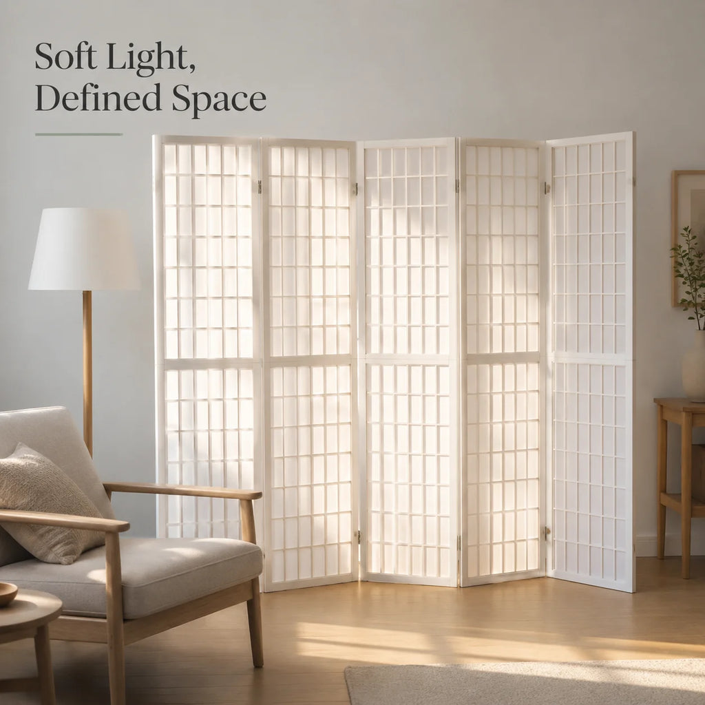 Paravent Japonais 5 Panneaux Papier de Riz Blanc 200 x 170 cm
