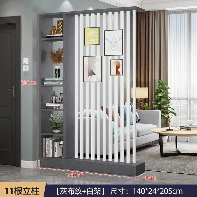 Étagère séparatrice de pièce à lames verticales blanc noir gris, dimensions 205 cm, pour une entrée