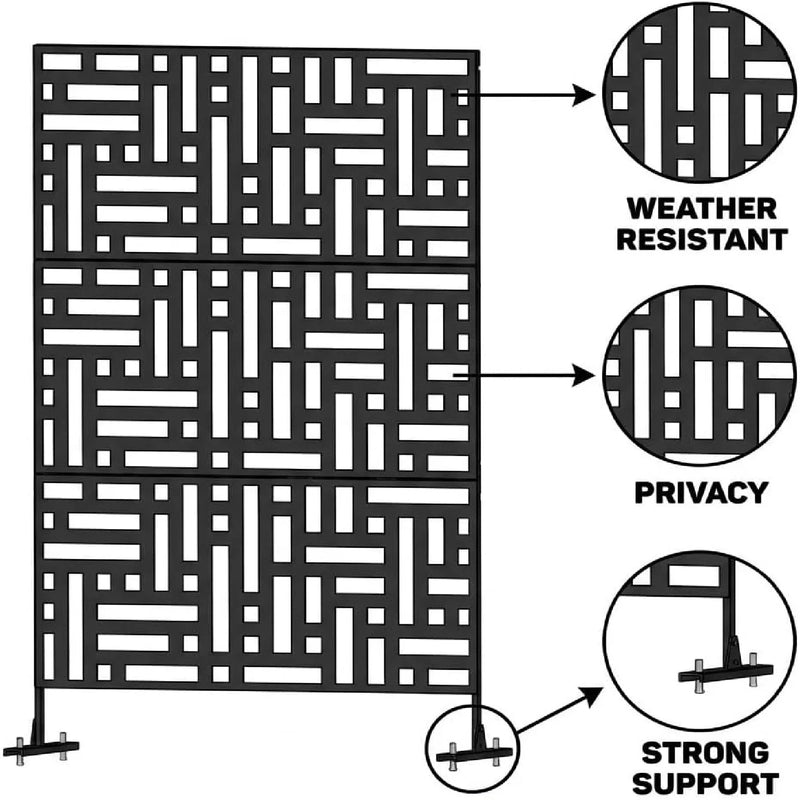 Paravent extérieur acier noir motif rectangles entrelacés autoportant, pour préserver son intimité dehors