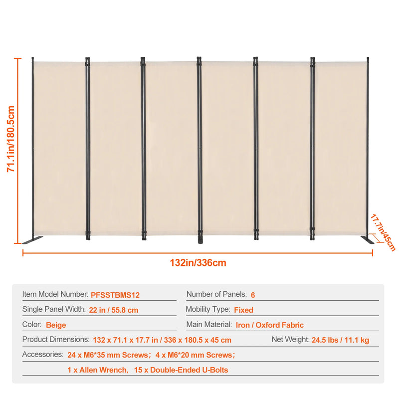 Paravent 3, 4 ou 6 panneaux Oxford noir gris beige, coloris beige, 6 panneaux, 336 x 180,5 cm