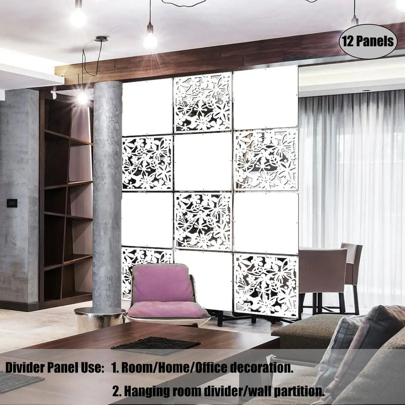 Cloison amovible 12 panneaux PVC suspendus blanc noir, coloris blanc, 6 panneaux ajourés et 6 pleins