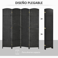 Paravent 4 Panneaux Tressé Polypropylène Noir Cadre Pin 160 x 170 cm