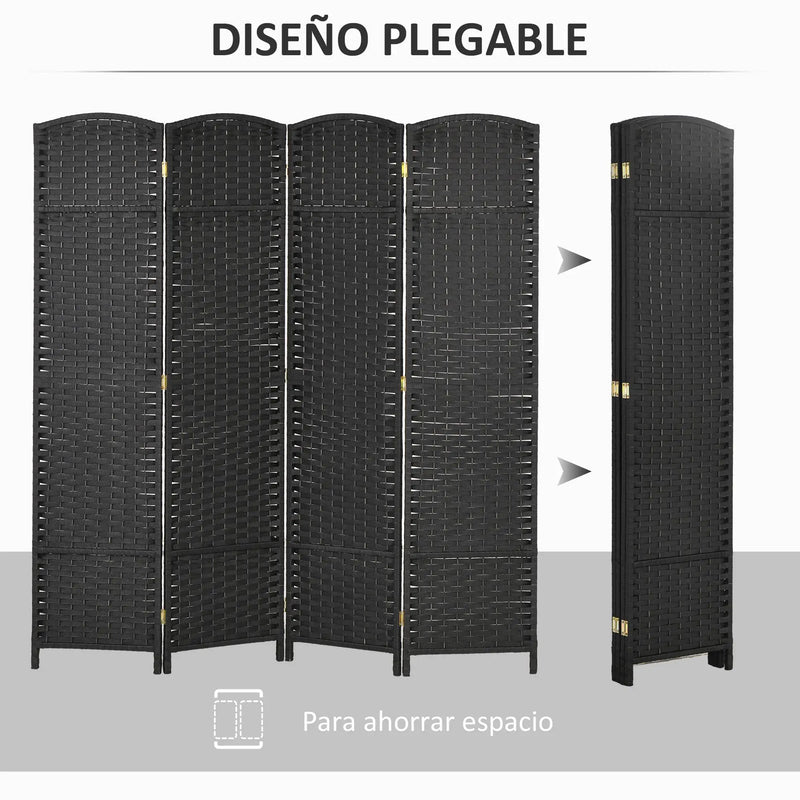 Paravent 4 Panneaux Tressé Polypropylène Noir Cadre Pin 160 x 170 cm
