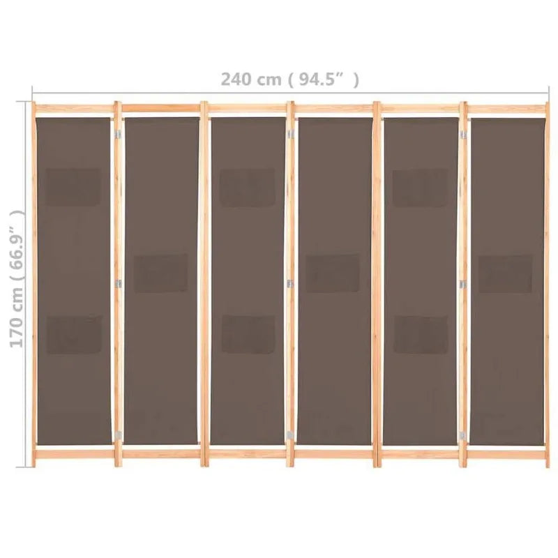Paravent 6 Panneaux Bois et Tissu Marron 240 x 170 cm