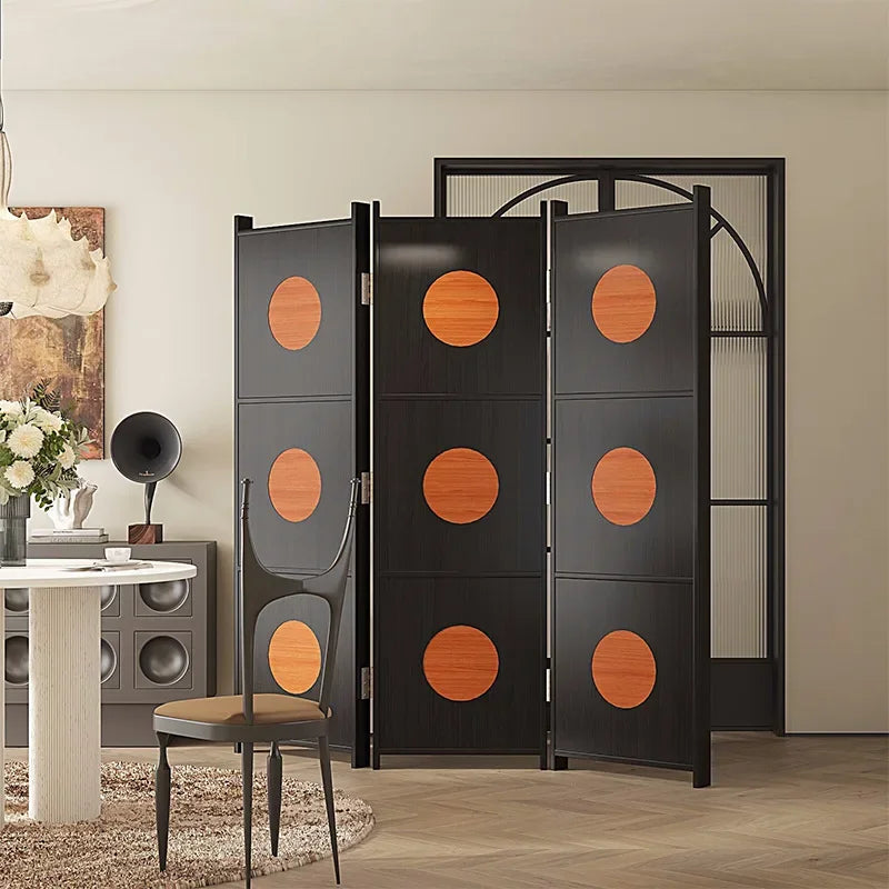 Paravent 3 panneaux bois noir cercles orangés