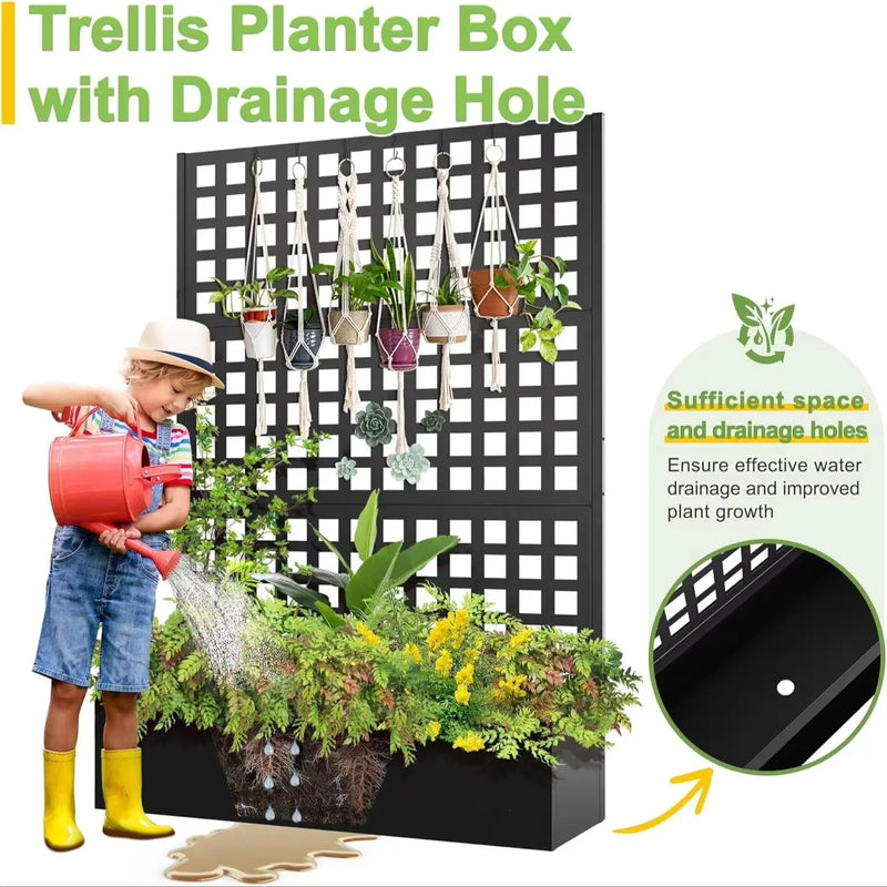 Paravent extérieur jardinière treillis carreaux métal noir, pour un jardin