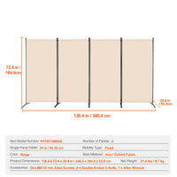 Paravent 3, 4 ou 6 panneaux Oxford noir gris beige, coloris beige, 4 panneaux, 346 x 184 cm