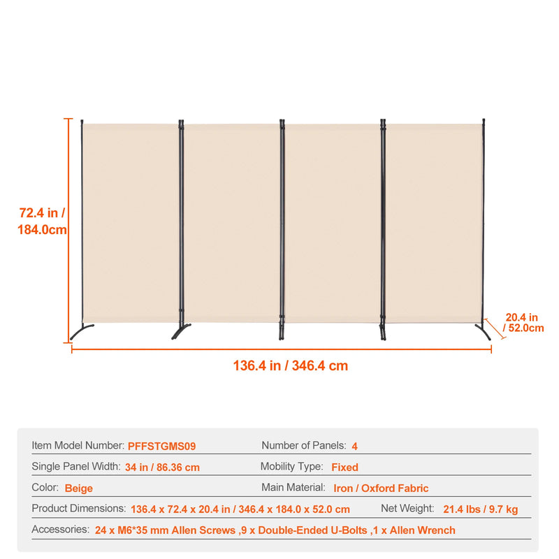 Paravent 3, 4 ou 6 panneaux Oxford noir gris beige, coloris beige, 4 panneaux, 346 x 184 cm
