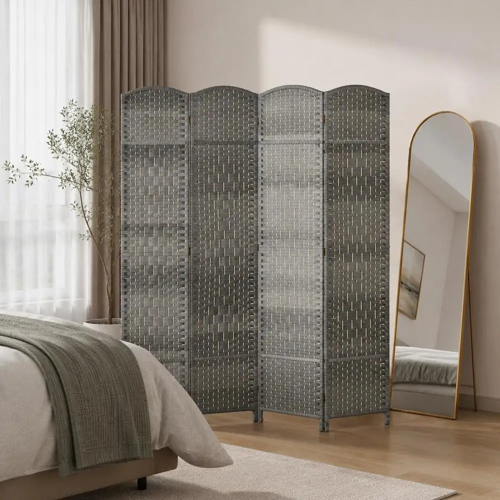 Paravent 4 Panneaux Tressé Gris Cadre Bois de Pin 180 x 180 cm