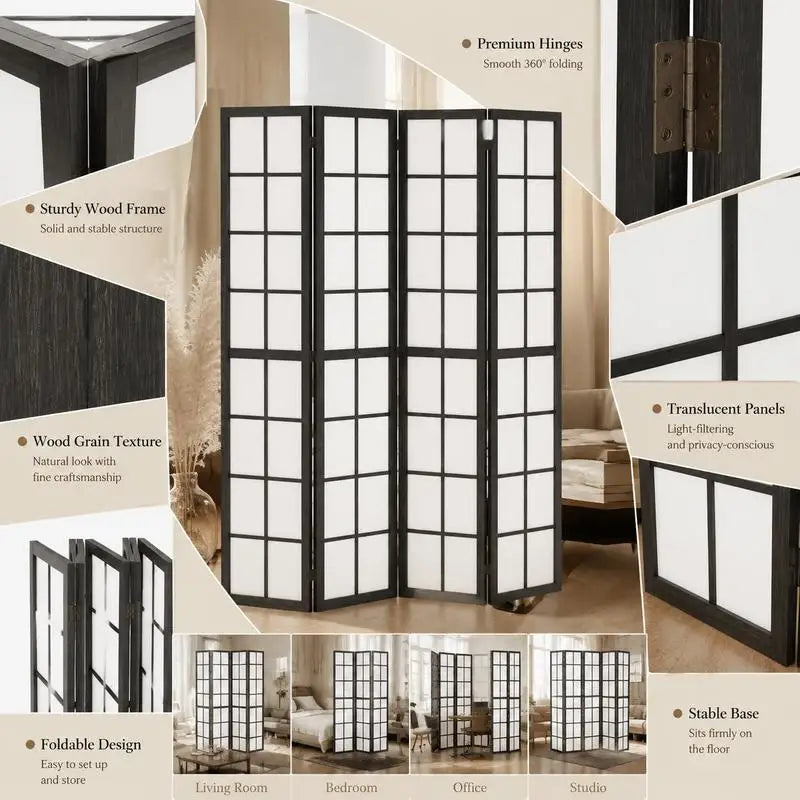 Paravent Japonais 4 Panneaux Quadrillé Pin Noir 160 x 170 cm