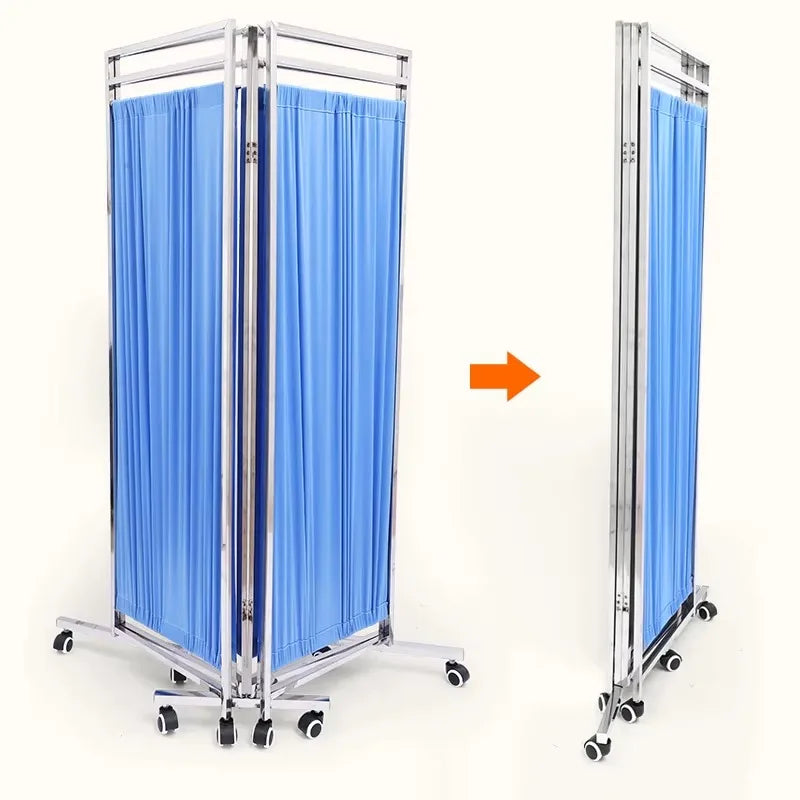 Paravent Médical 4 Panneaux Métal Rideaux PVC Bleus sur Roulettes
