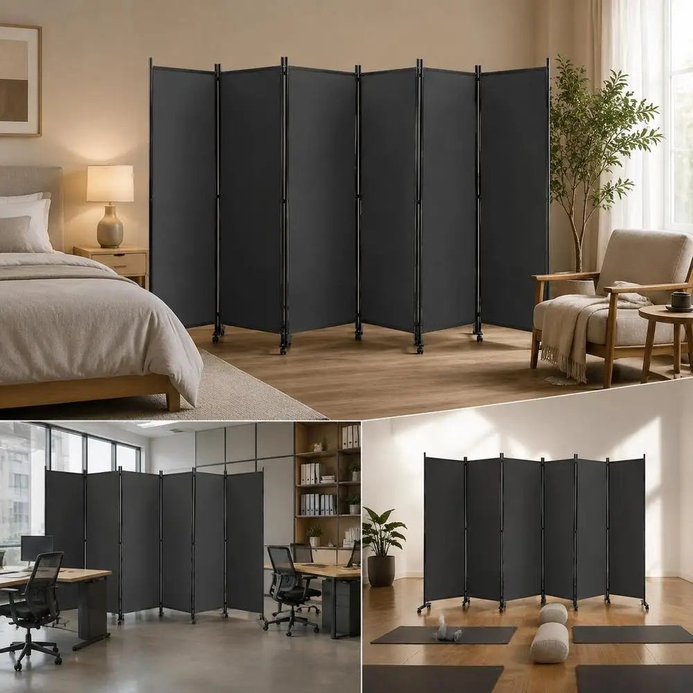 Paravent 6 panneaux sur roulettes tissu anthracite