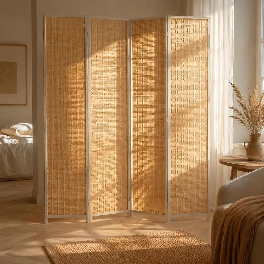 Paravent 4 Panneaux Bambou Fibres de Papier Cadre Blanc Naturel 180 x 180 cm