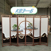 Paravent chinois 6 panneaux bois imprimé motifs asiatiques, motif pins bonsaï sur fond rayé