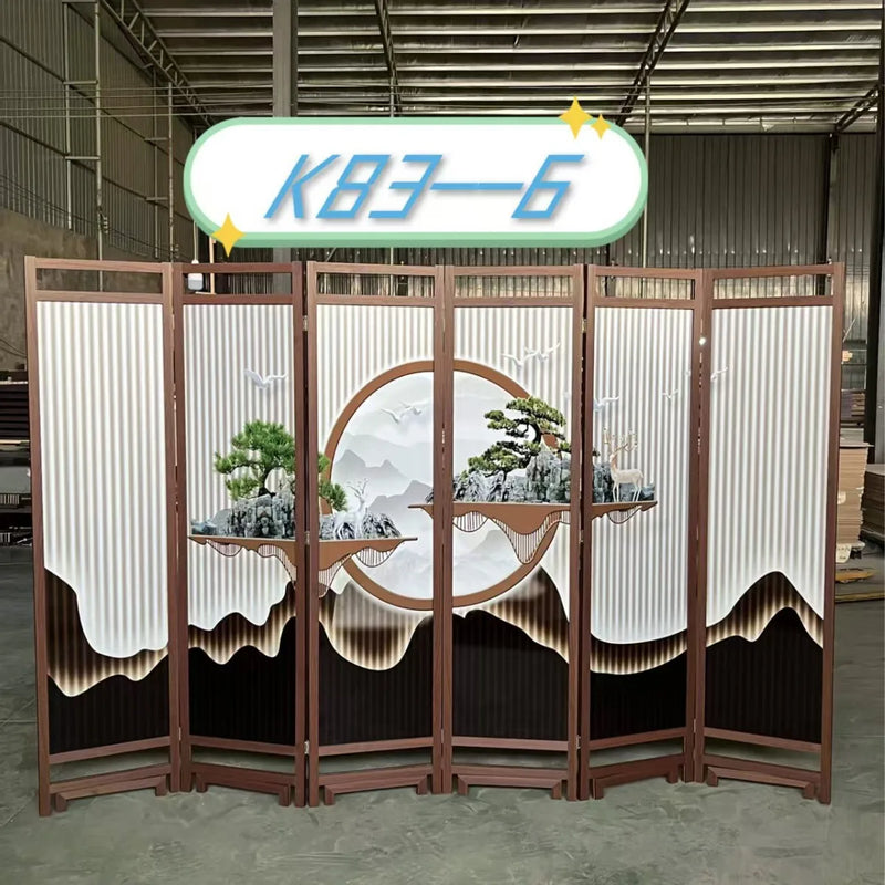 Paravent chinois 6 panneaux bois imprimé motifs asiatiques, motif pins bonsaï sur fond rayé