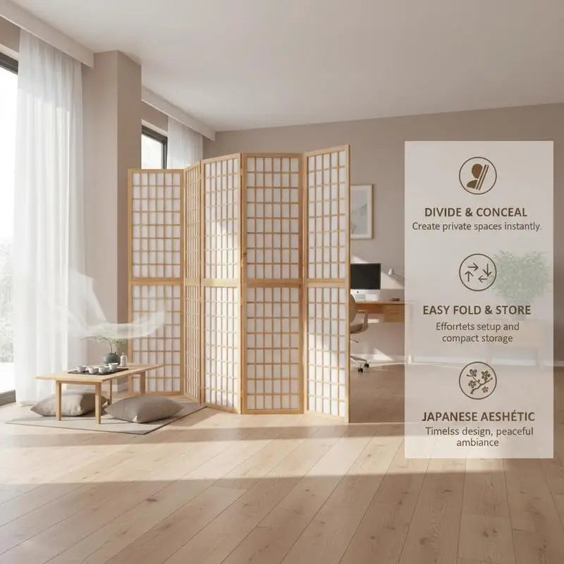 Paravent japonais shoji 5 panneaux bois clair papier de riz, pour une chambre