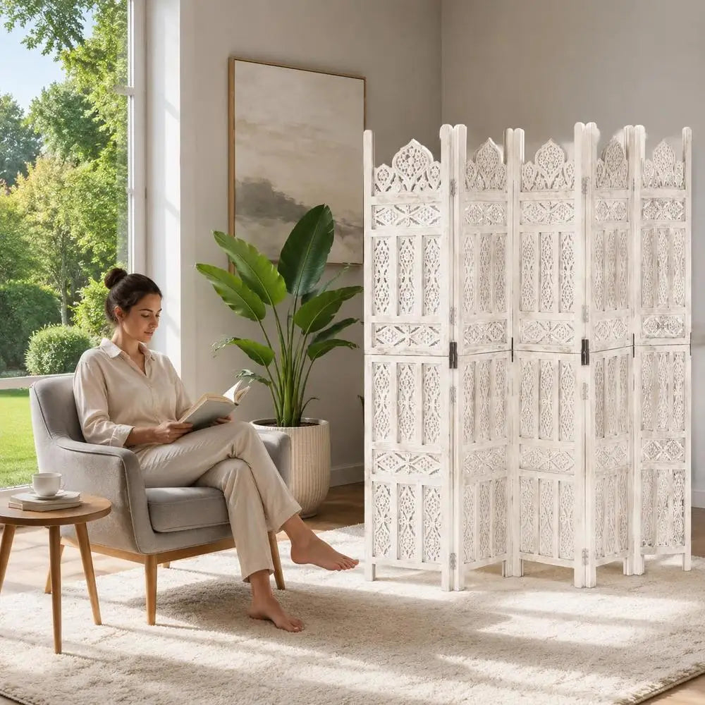 Paravent 5 Panneaux Bois de Manguier Sculpté Blanc 200 x 165 cm