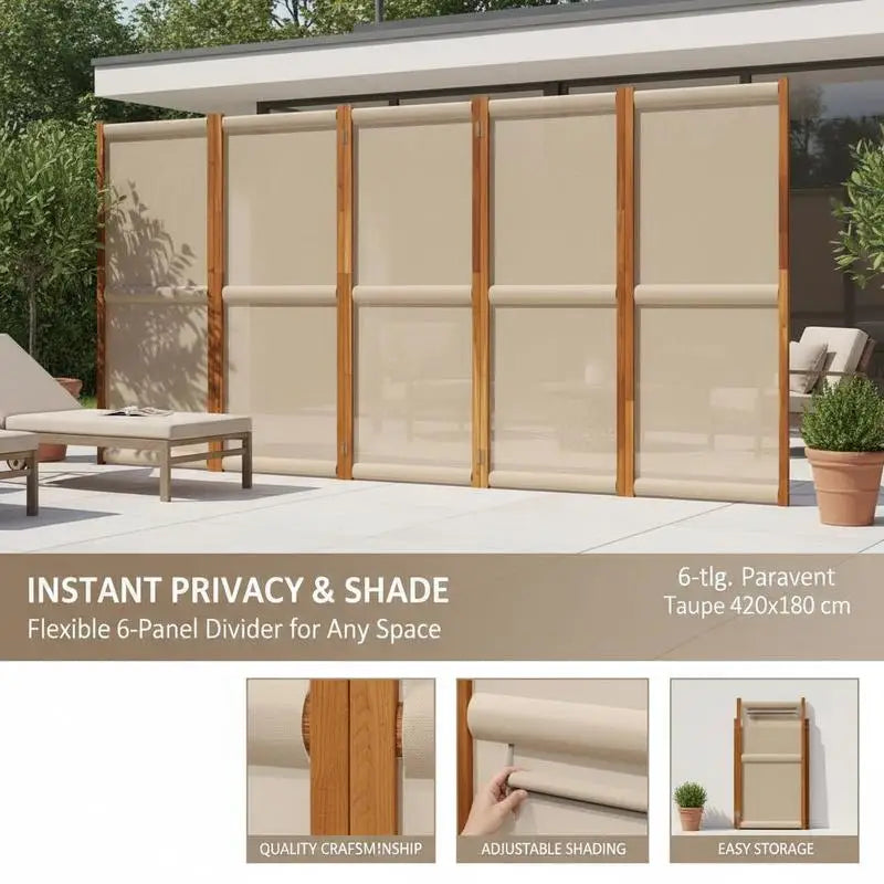 Paravent 6 panneaux acacia et textilène taupe, pour préserver son intimité
