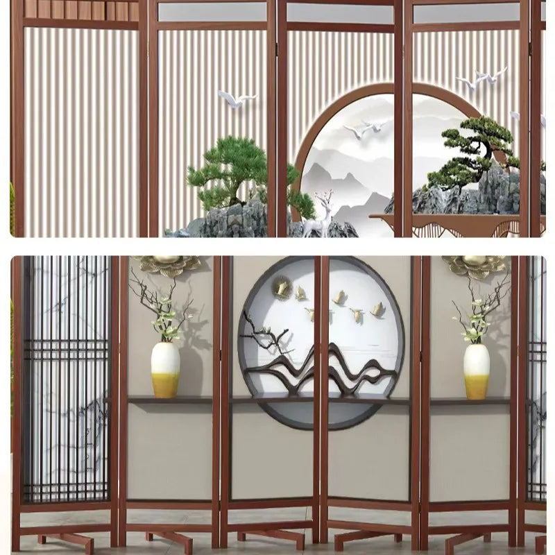 Paravent chinois 6 panneaux bois imprimé motifs asiatiques, pour séparer une pièce