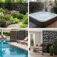Paravent extérieur acier noir motif rectangles entrelacés autoportant, pour un coin repas en plein air