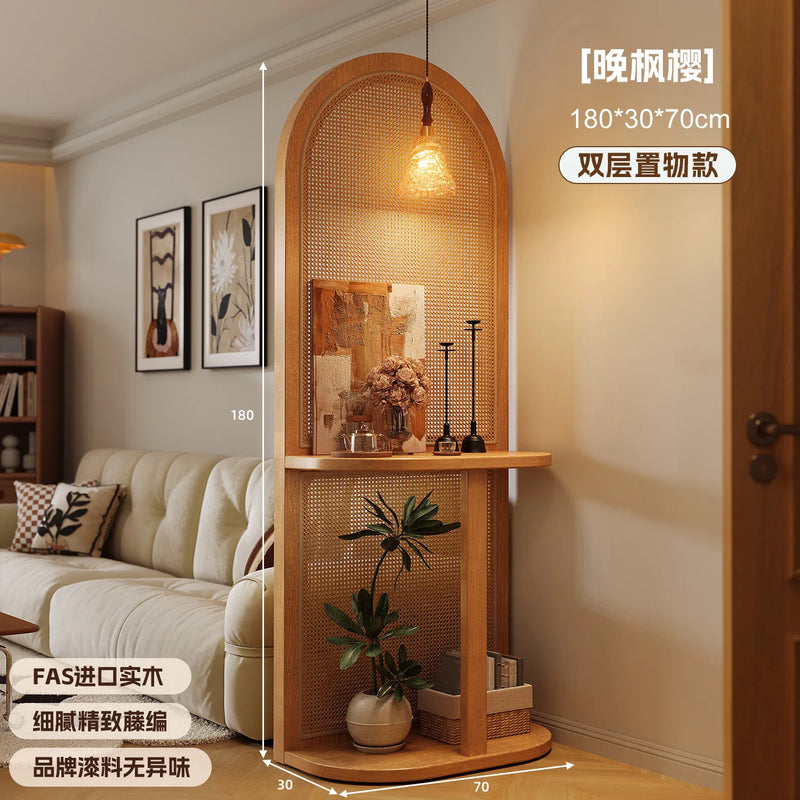 Séparateur de pièce arche rotin bois avec étagère, érable sakura, 2 niveaux, 180 cm