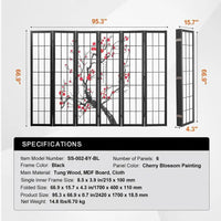 Paravent Japonais 6 Panneaux Fleurs de Cerisier Bois Noir 242 x 170 cm