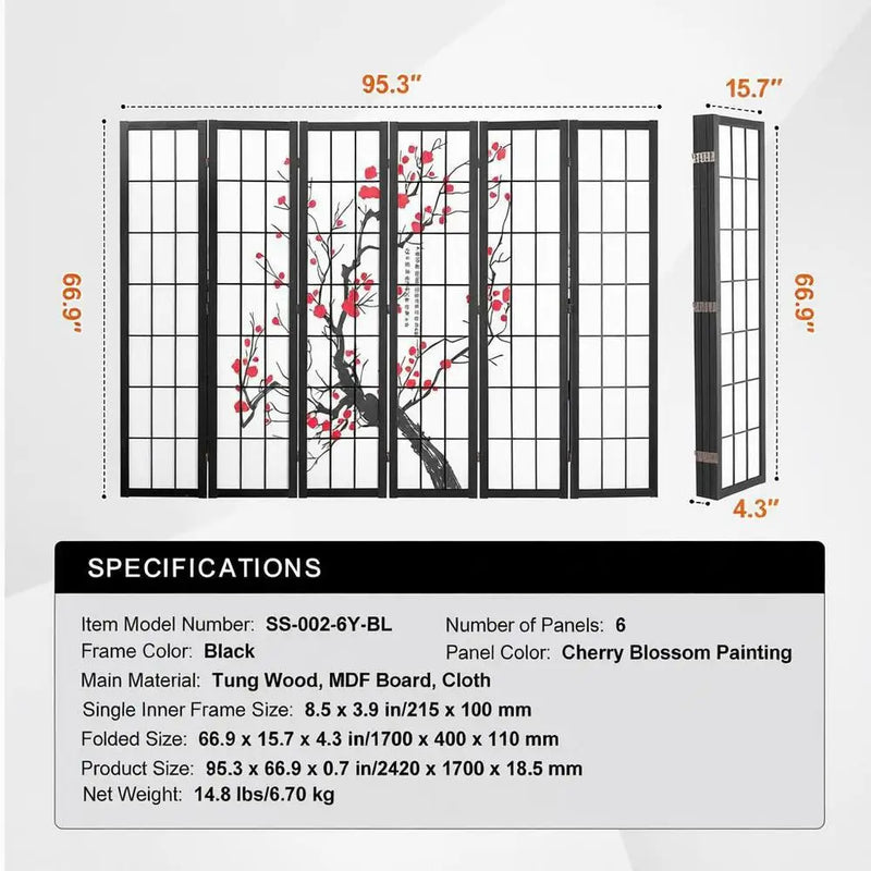 Paravent Japonais 6 Panneaux Fleurs de Cerisier Bois Noir 242 x 170 cm