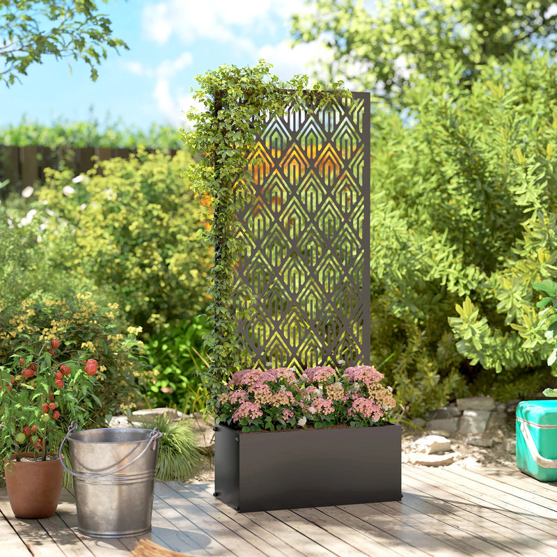 Jardinière métal noir avec treillis ajouré, pour une terrasse