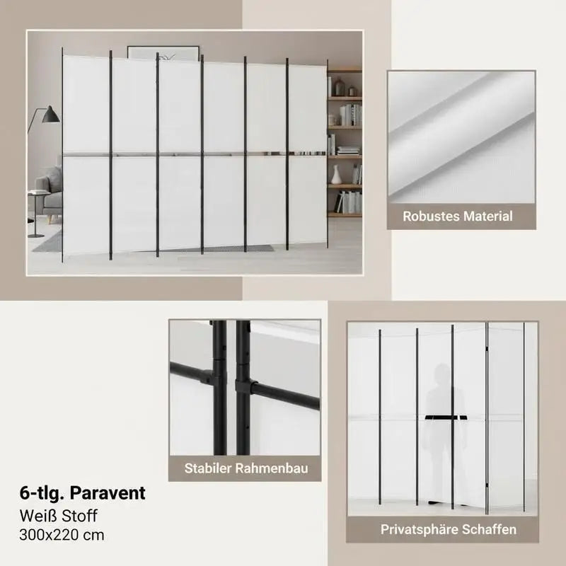 Paravent 6 Panneaux Tissu Blanc Cadre Noir 300 x 220 cm
