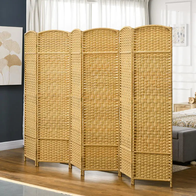 Paravent 6 panneaux tressé polypropylène cadre bois naturel