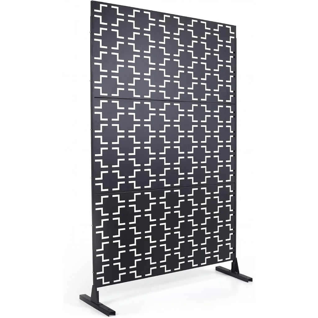 Paravent Extérieur Métal Noir Motif Géométrique Autoportant 122 x 198 cm