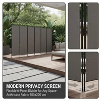 Paravent 6 Panneaux Tissu Anthracite Cadre Fer 300 x 200 cm