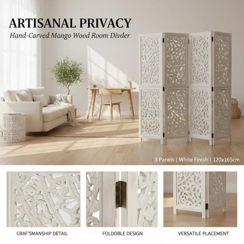 Paravent 3 Panneaux Bois de Manguier Sculpté Blanc 120 x 165 cm