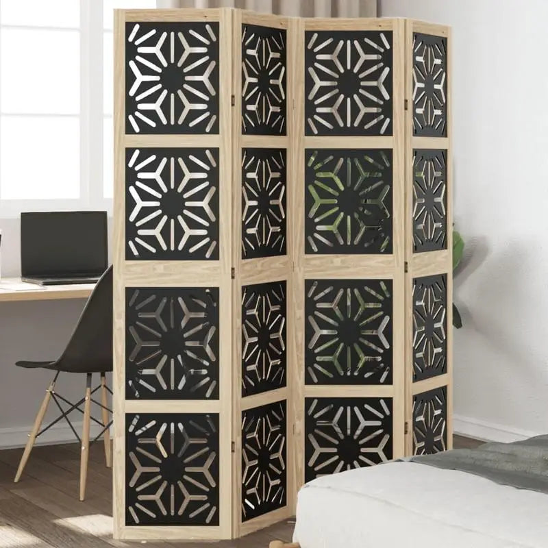 Paravent 4 Panneaux Bois de Paulownia Ajouré Noir Motif Géométrique 180 cm
