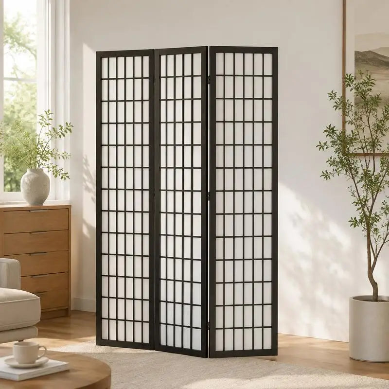 Paravent japonais pliable 4 panneaux cadre noir tissu blanc, pour séparer une pièce