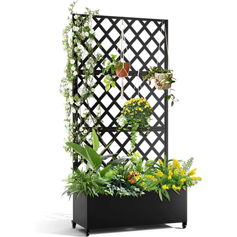 Paravent Extérieur Métal Jardinière Treillis Roulettes Noir Blanc 180 x 120 cm