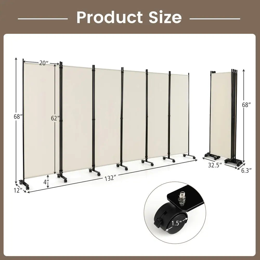 Paravent 6 Panneaux sur Roulettes Tissu Beige 335 x 173 cm