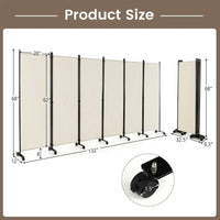 Paravent 6 panneaux sur roulettes tissu beige, dimensions 335 x 173 cm