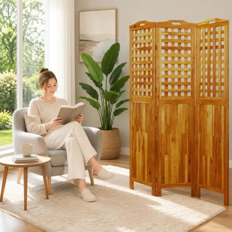 Paravent 3 Panneaux Acacia Massif Ajouré Brun 121,5 x 180 cm