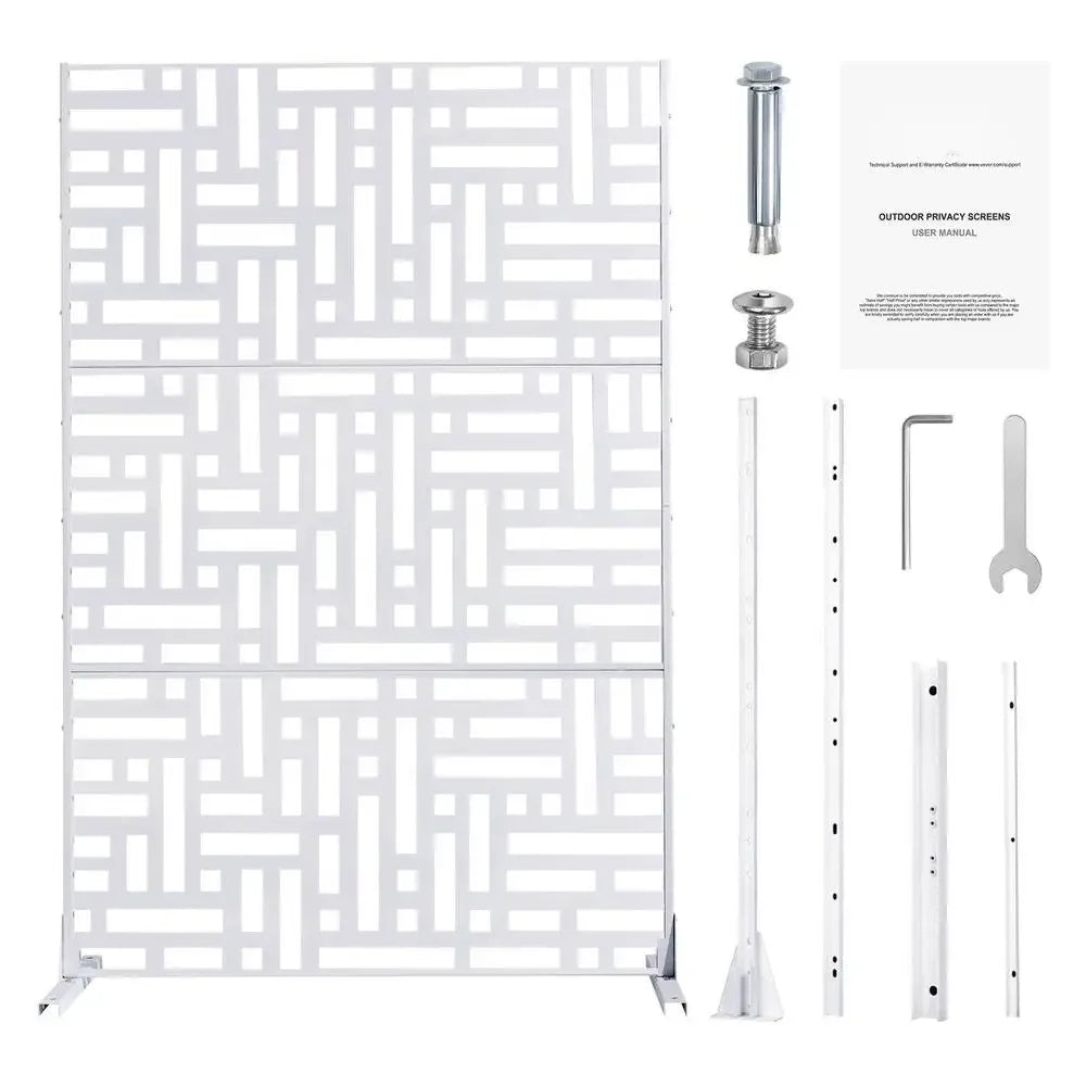 Paravent Extérieur Métal Blanc Motif Géométrique Autoportant 120 x 193 cm
