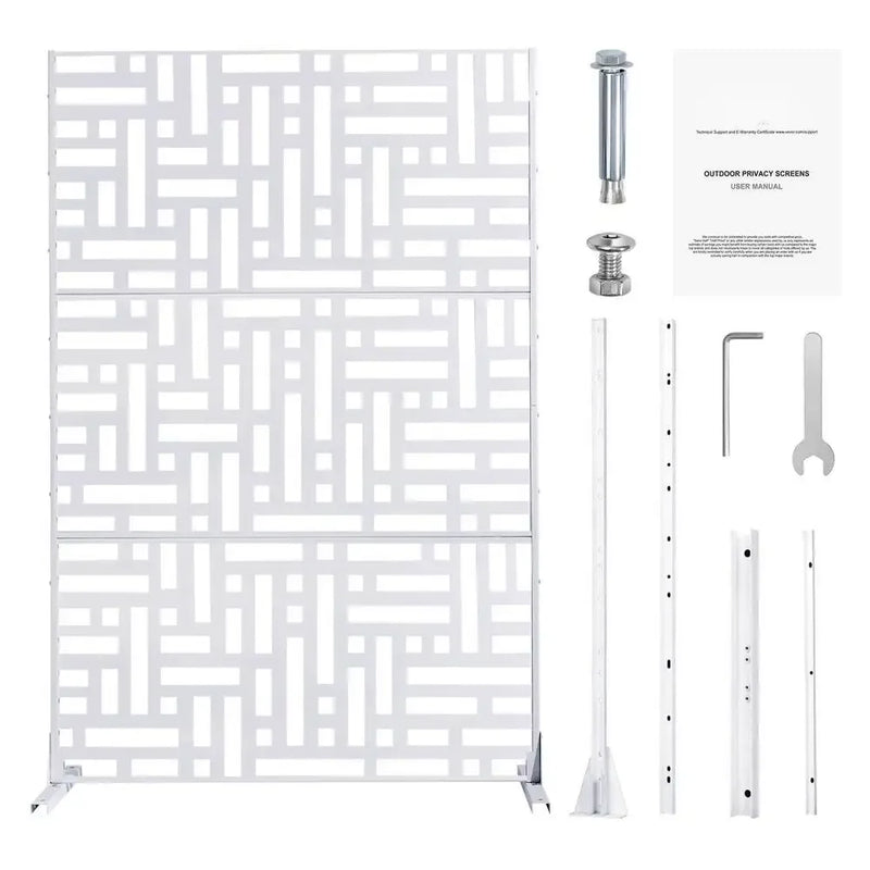 Paravent Extérieur Métal Blanc Motif Géométrique Autoportant 120 x 193 cm