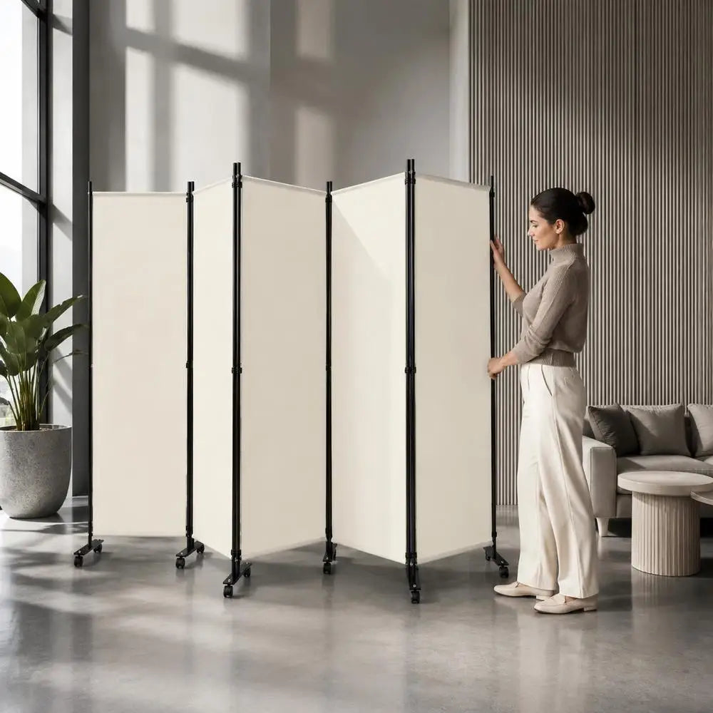 Paravent 6 Panneaux sur Roulettes Tissu Beige 335 x 173 cm
