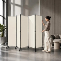 Paravent 6 panneaux sur roulettes tissu beige, pour séparer une pièce