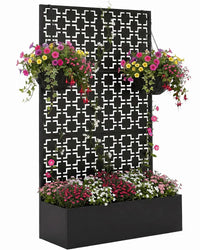 Paravent extérieur jardinière acier noir 4 motifs ajourés, motif carrés géométriques