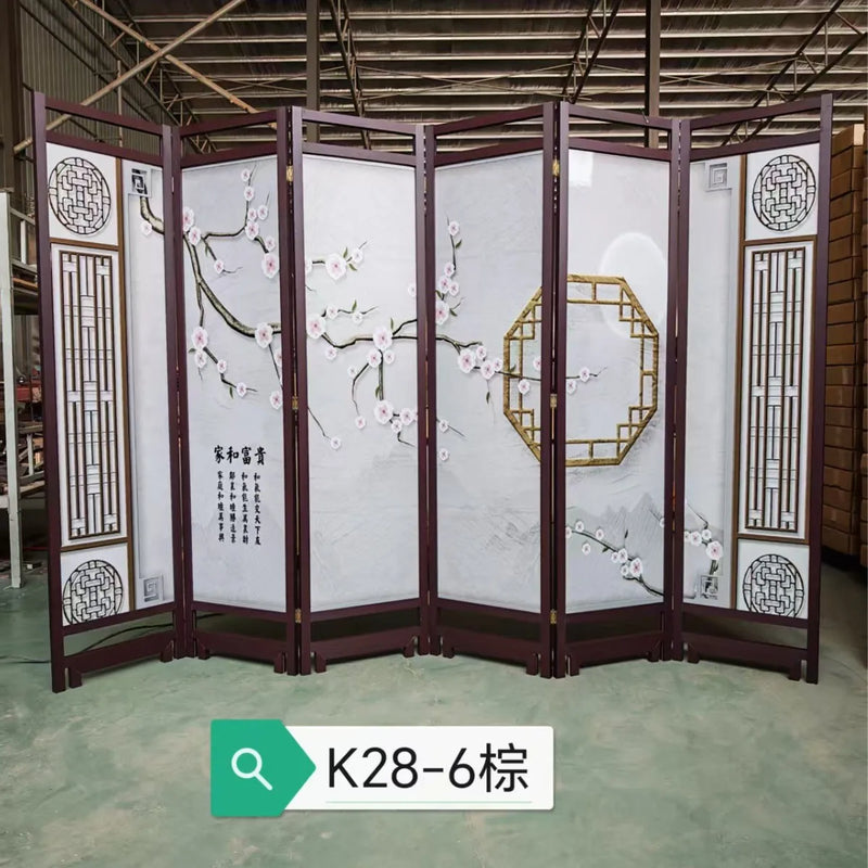 Paravent chinois 6 panneaux bois imprimé motifs asiatiques, motif fleurs de prunier et fenêtre octogonale, cadre brun