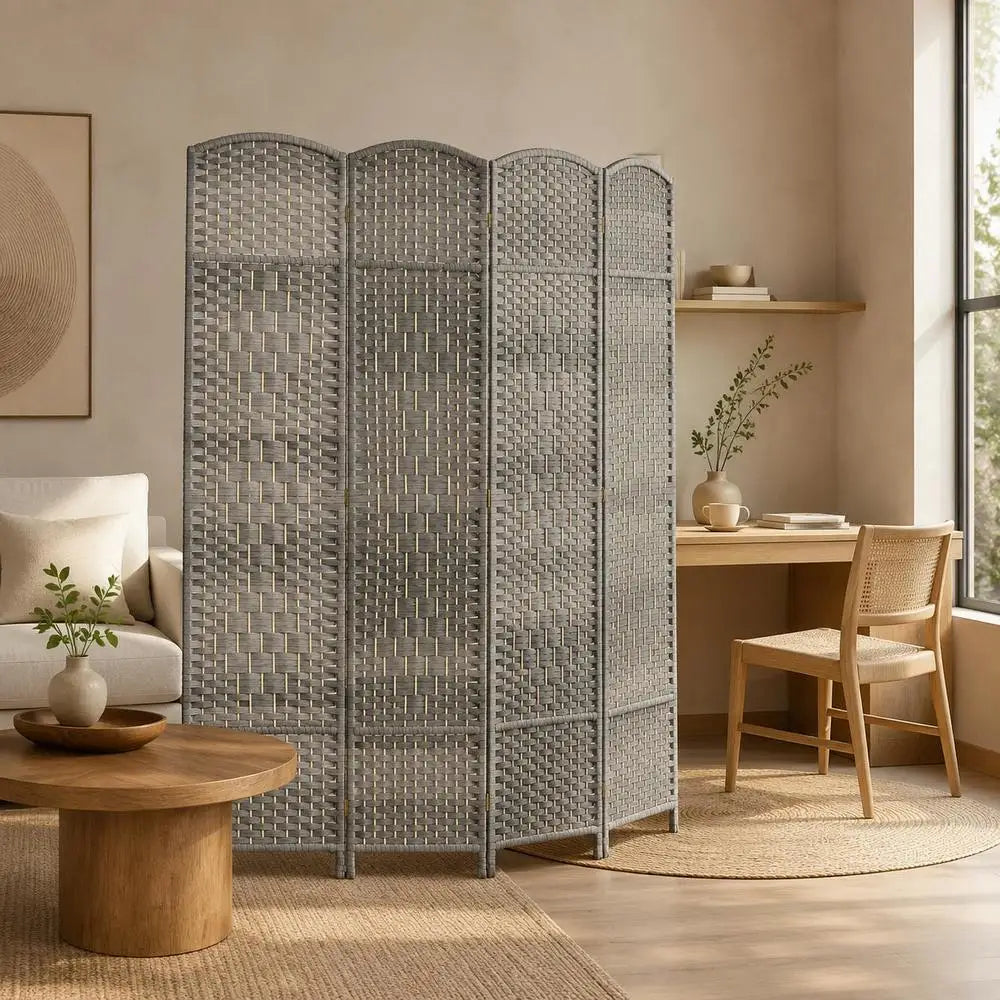 Paravent 4 Panneaux Tressé Gris Cadre Bois de Pin 180 x 180 cm